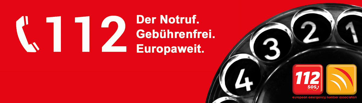 Logo Partner 112 Der Notruf: Gebührenfrei. Europaweit - Mit einer schwarzen Wählscheibe und 112 SOS