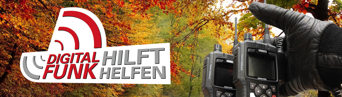 Herbstlandschaft mit Logo Digitalfunk Hilft Helfen und behandschuter Hand mit Walkie Talkie